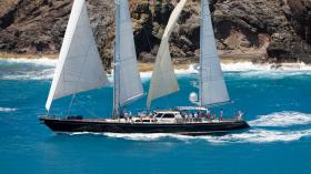Avalon under full sail racing off Saint Barth’s in the Caribbean
